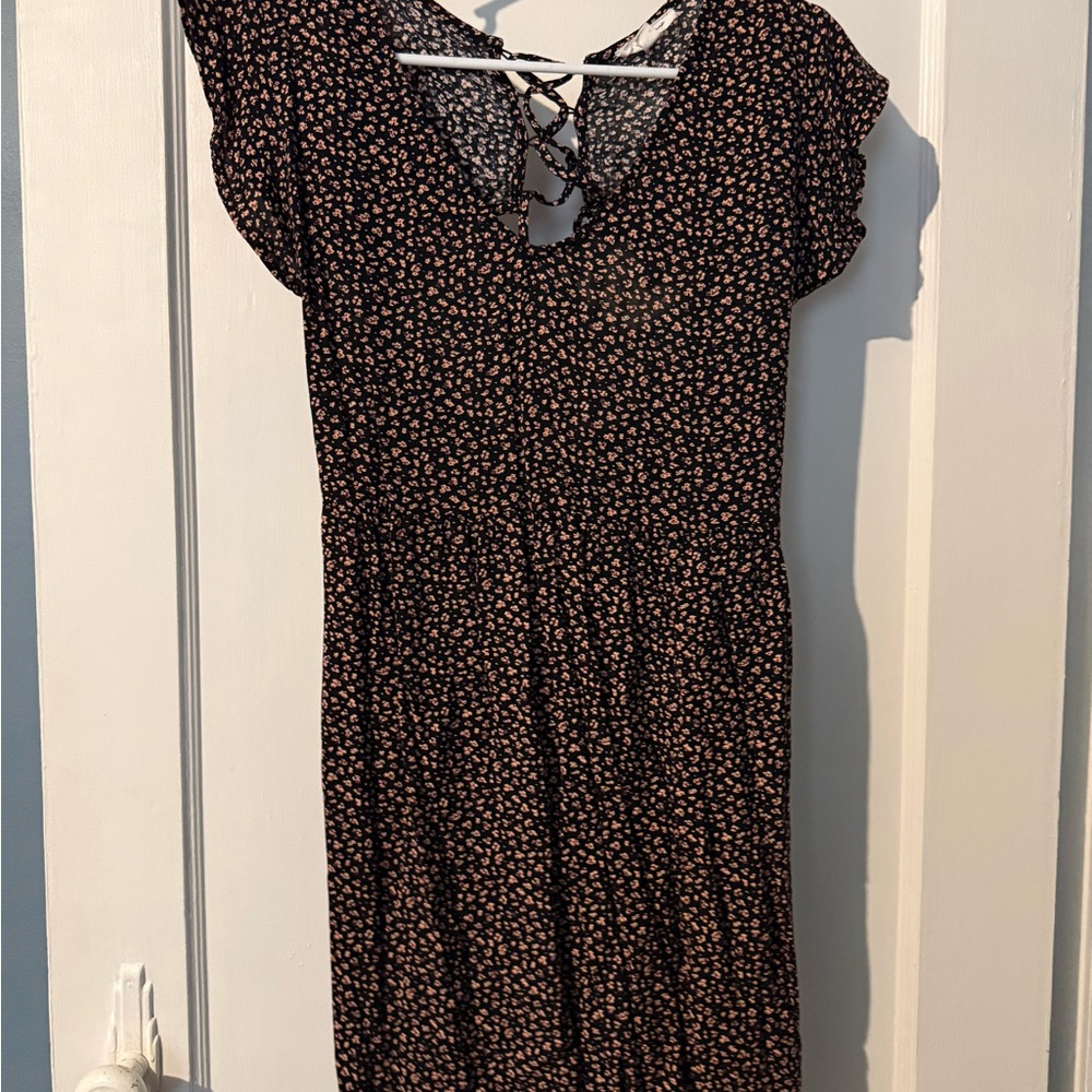 Floral Lace-Up Flutter Sleeve Dress - Black with Pink Floral